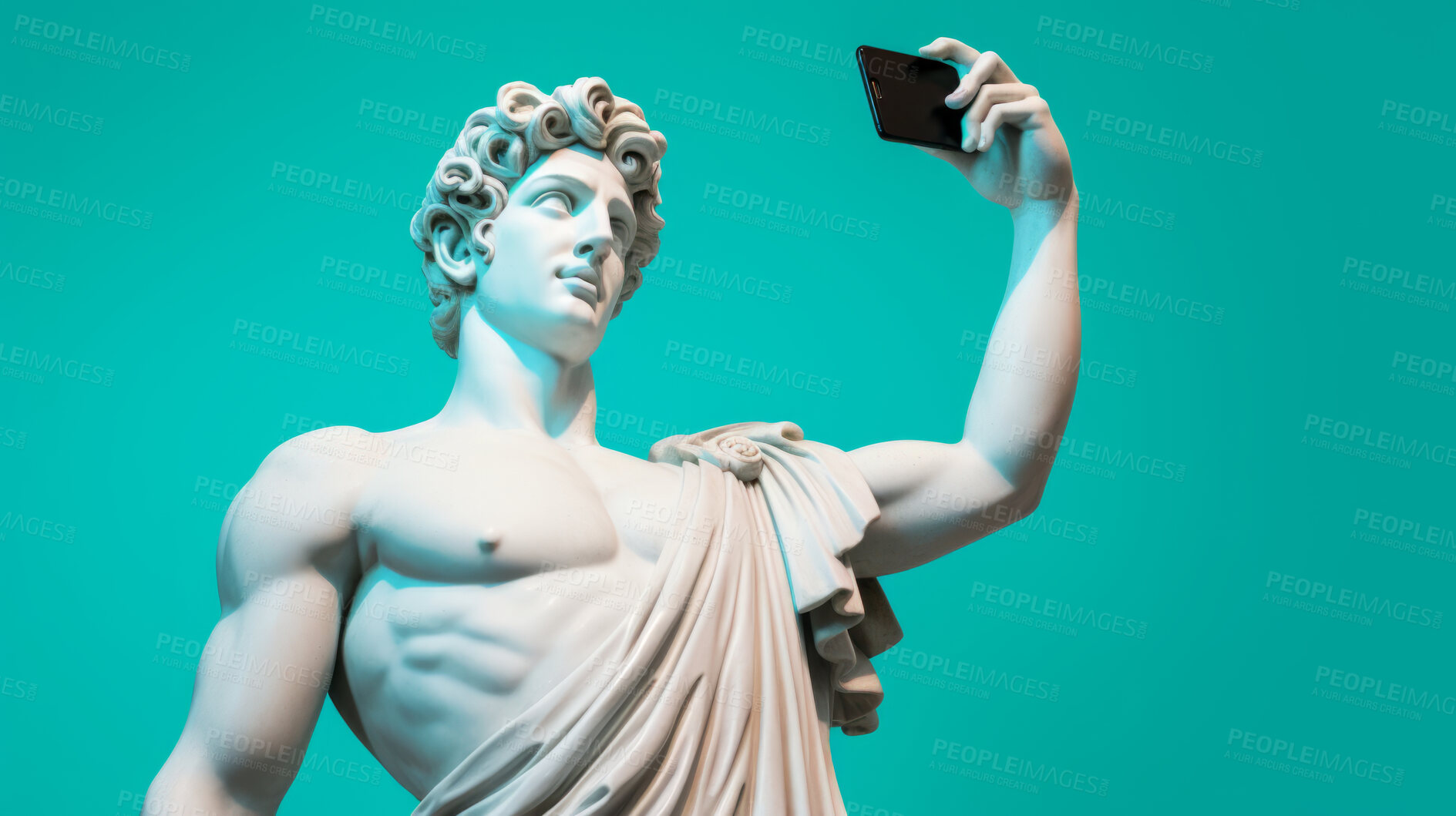 Buy stock photo Sculpture or statue of David taking a selfie on a cellphone against a blue background