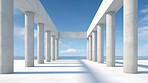 Render of futuristic architecture of cement frame with blue sky in background for showroom