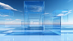 Render of futuristic architecture of glass structure with blue sky in background for showroom