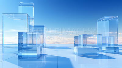 Render of futuristic architecture of glass structure with blue sky in background for showroom