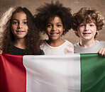 Group of diverse kids holding a flag. Educate and celebrate different nationalities and countries