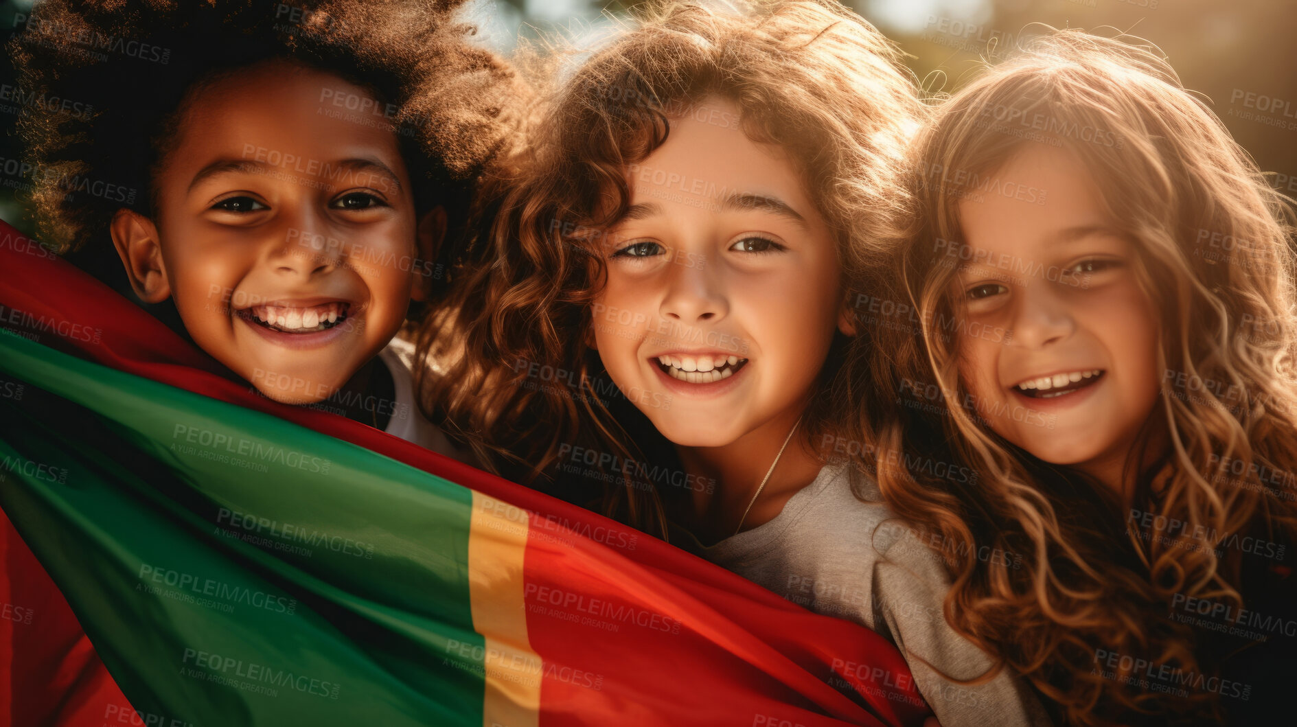 Buy stock photo Group of diverse kids holding a flag. Educate and celebrate different nationalities and countries