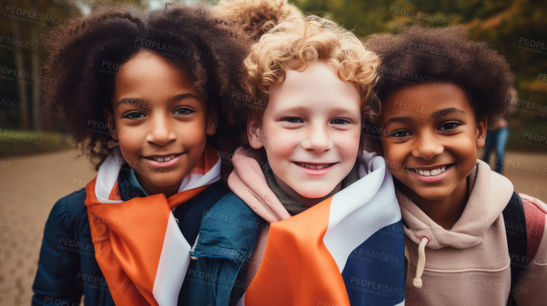 Buy stock photo Group of diverse kids holding a flag. Educate and celebrate different nationalities and countries