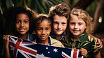 Group of diverse kids holding a flag. Educate and celebrate different nationalities and countries