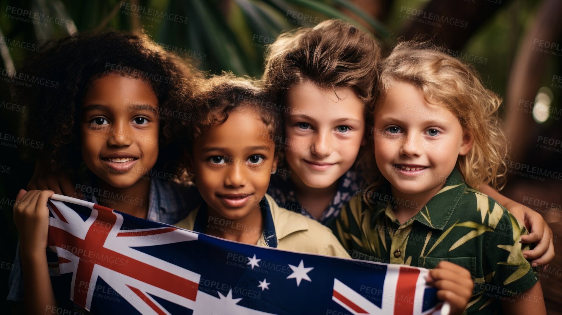 Buy stock photo Group of diverse kids holding a flag. Educate and celebrate different nationalities and countries