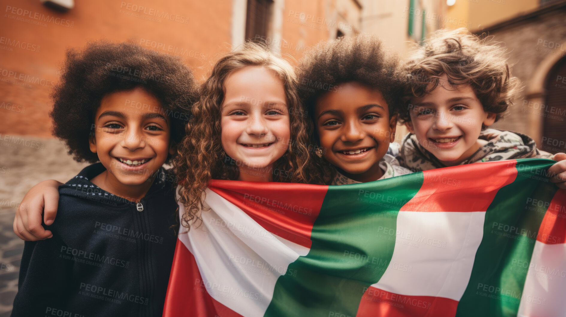 Buy stock photo Group of diverse kids holding a flag. Educate and celebrate different nationalities and countries