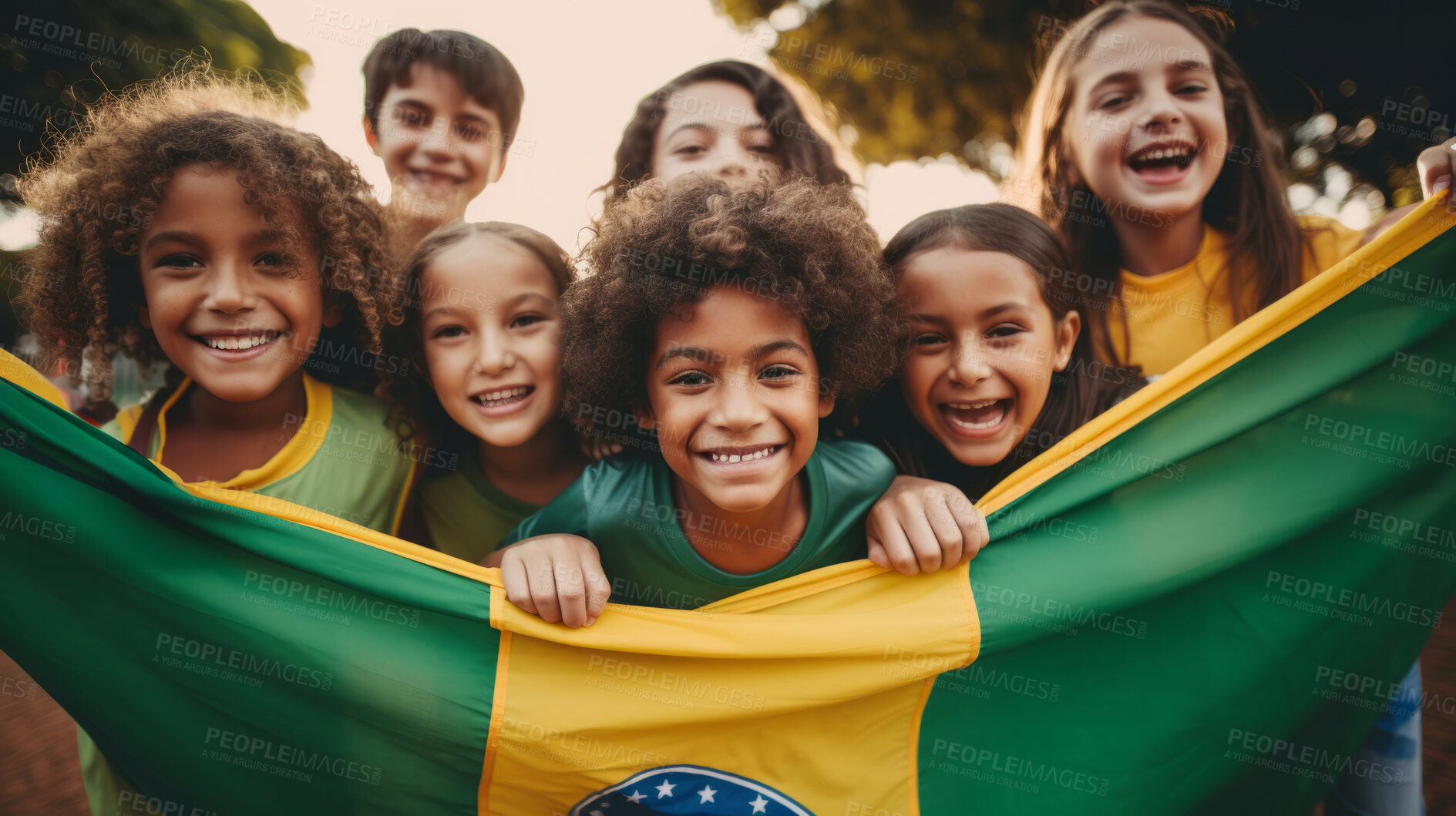 Buy stock photo Group of diverse kids holding a flag. Educate and celebrate different nationalities and countries