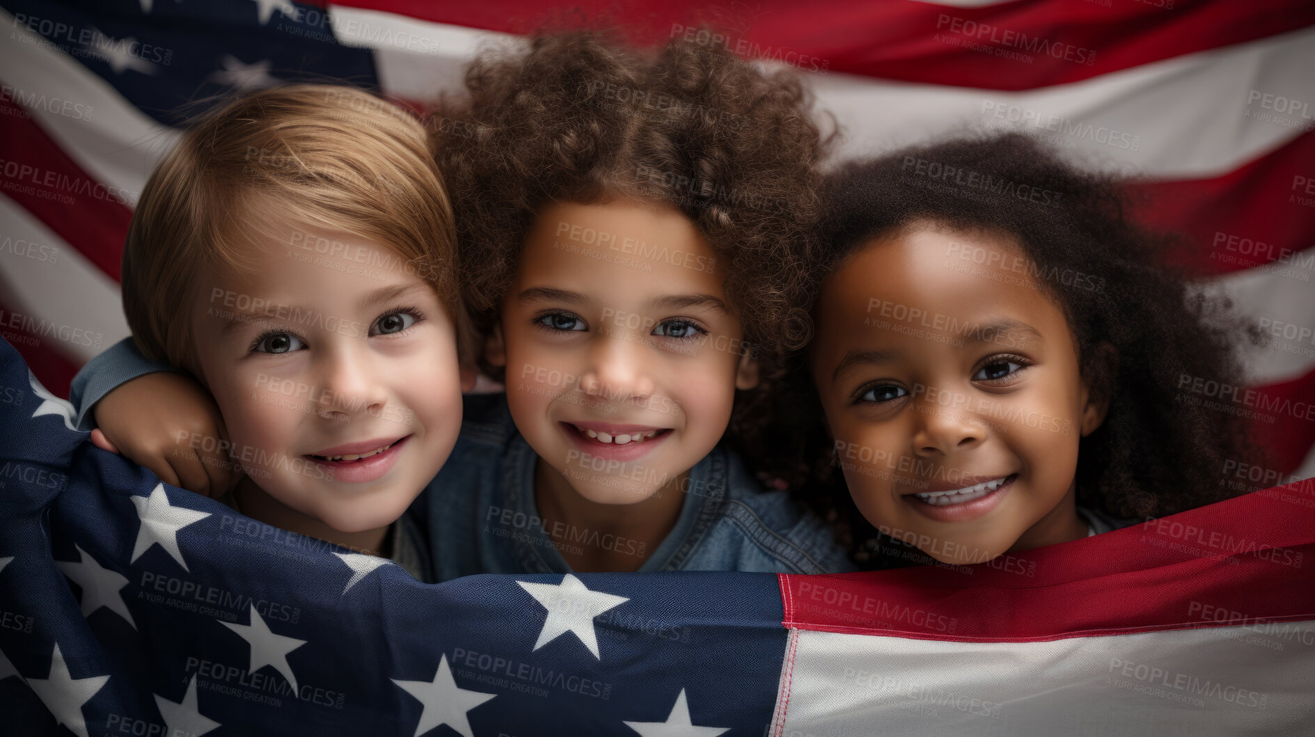 Buy stock photo Group of diverse kids holding a flag. Educate and celebrate different nationalities and countries