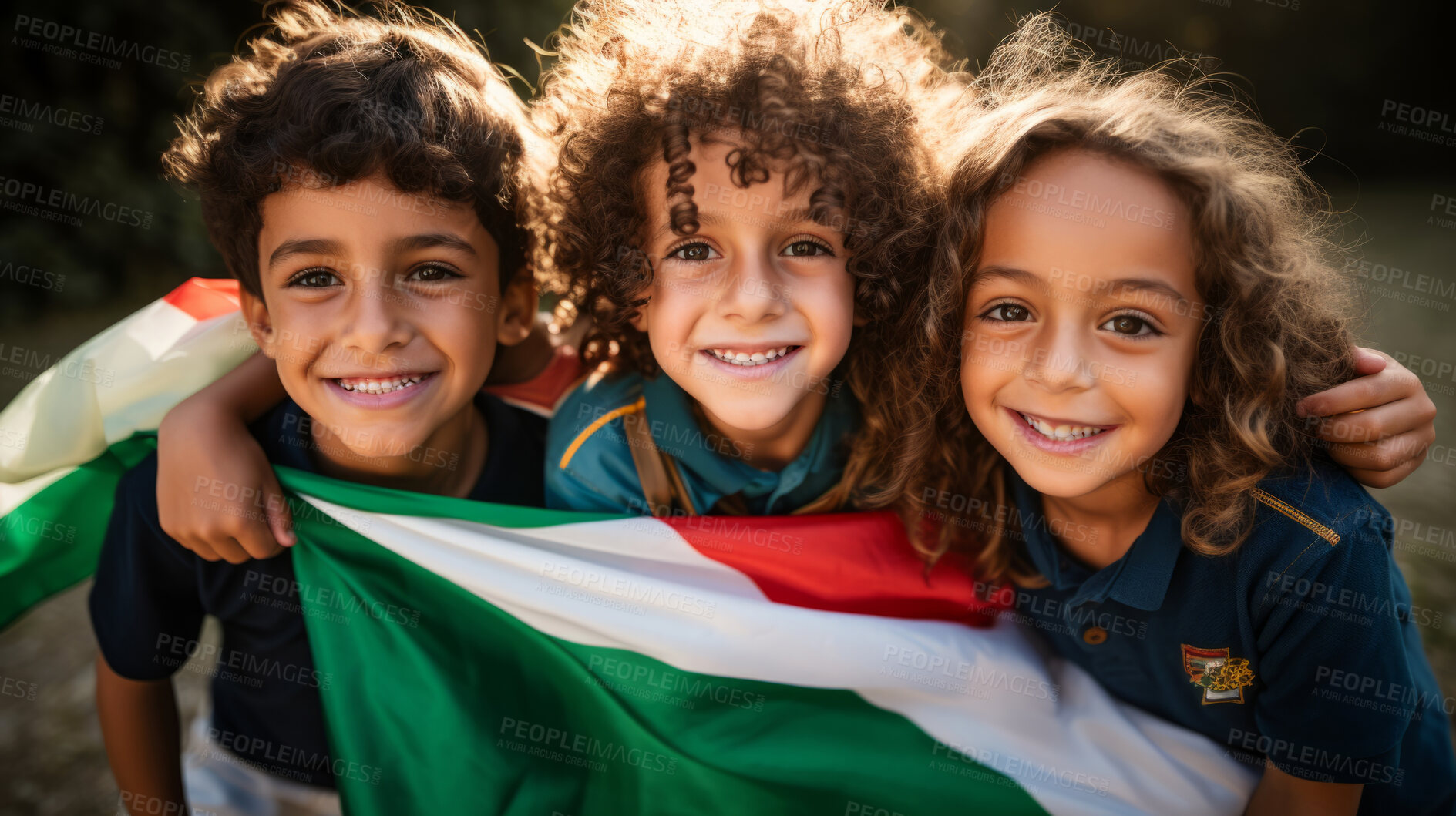 Buy stock photo Group of diverse kids holding a flag. Educate and celebrate different nationalities and countries