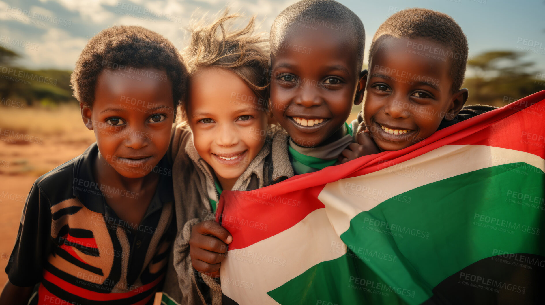 Buy stock photo Group of diverse kids holding a flag. Educate and celebrate different nationalities and countries