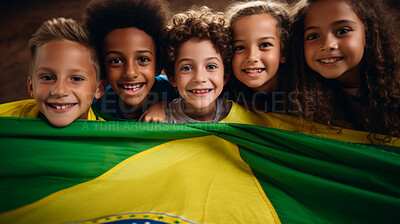 Group of diverse kids holding a flag. Educate and celebrate different nationalities and countries