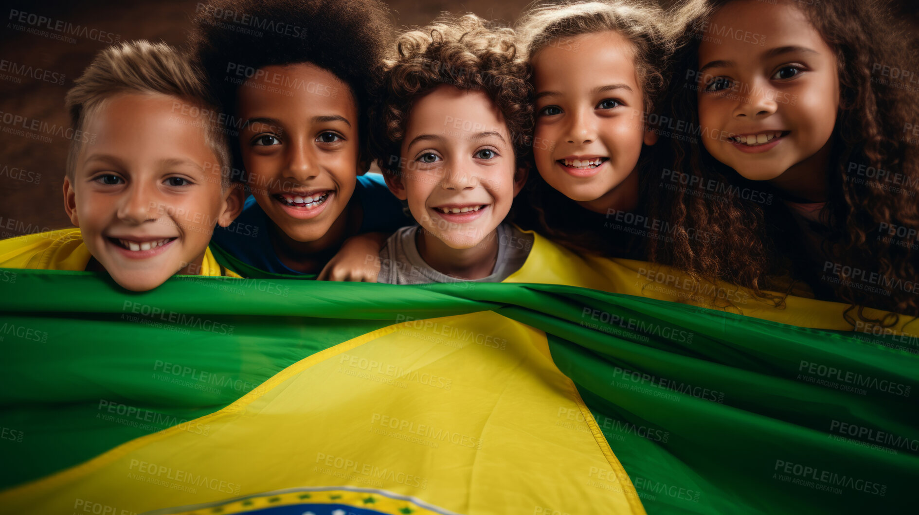 Buy stock photo Group of diverse kids holding a flag. Educate and celebrate different nationalities and countries