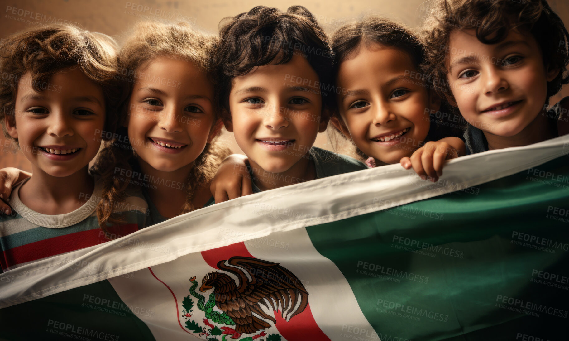 Buy stock photo Group of diverse kids holding a flag. Educate and celebrate different nationalities and countries