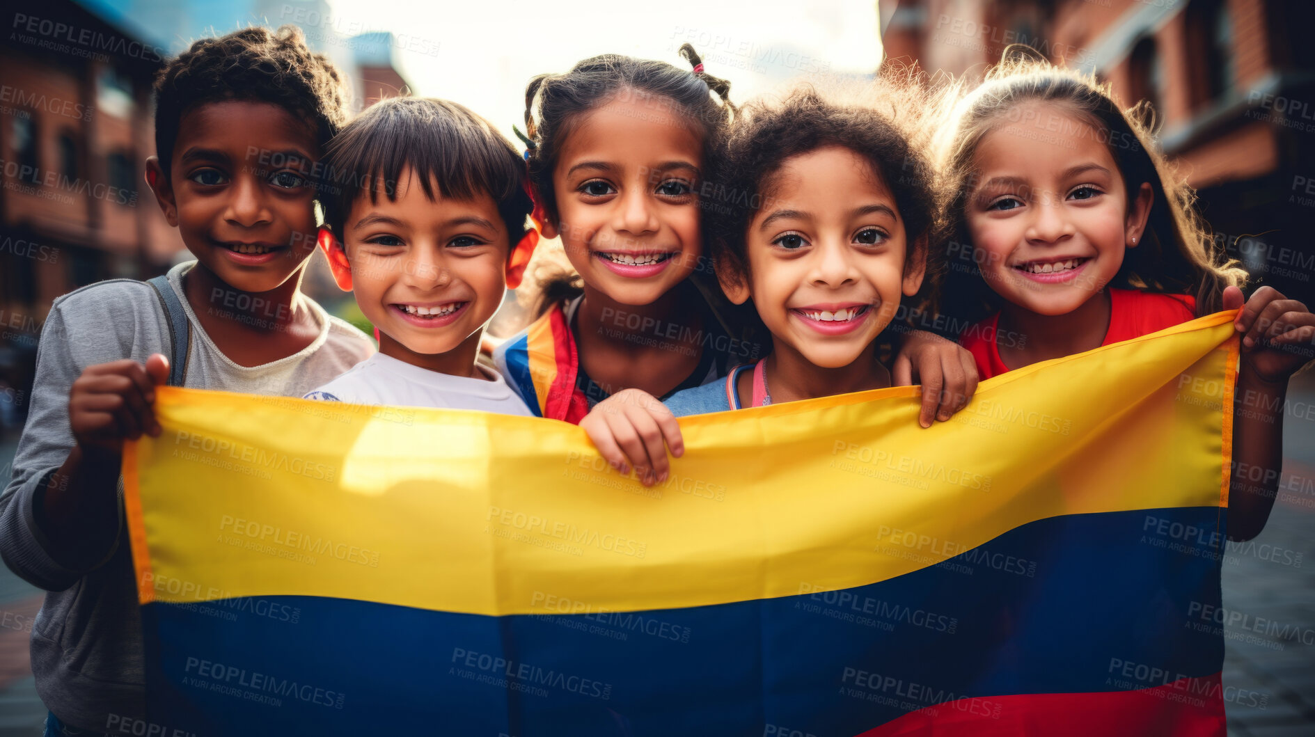 Buy stock photo Group of diverse kids holding a flag. Educate and celebrate different nationalities and countries