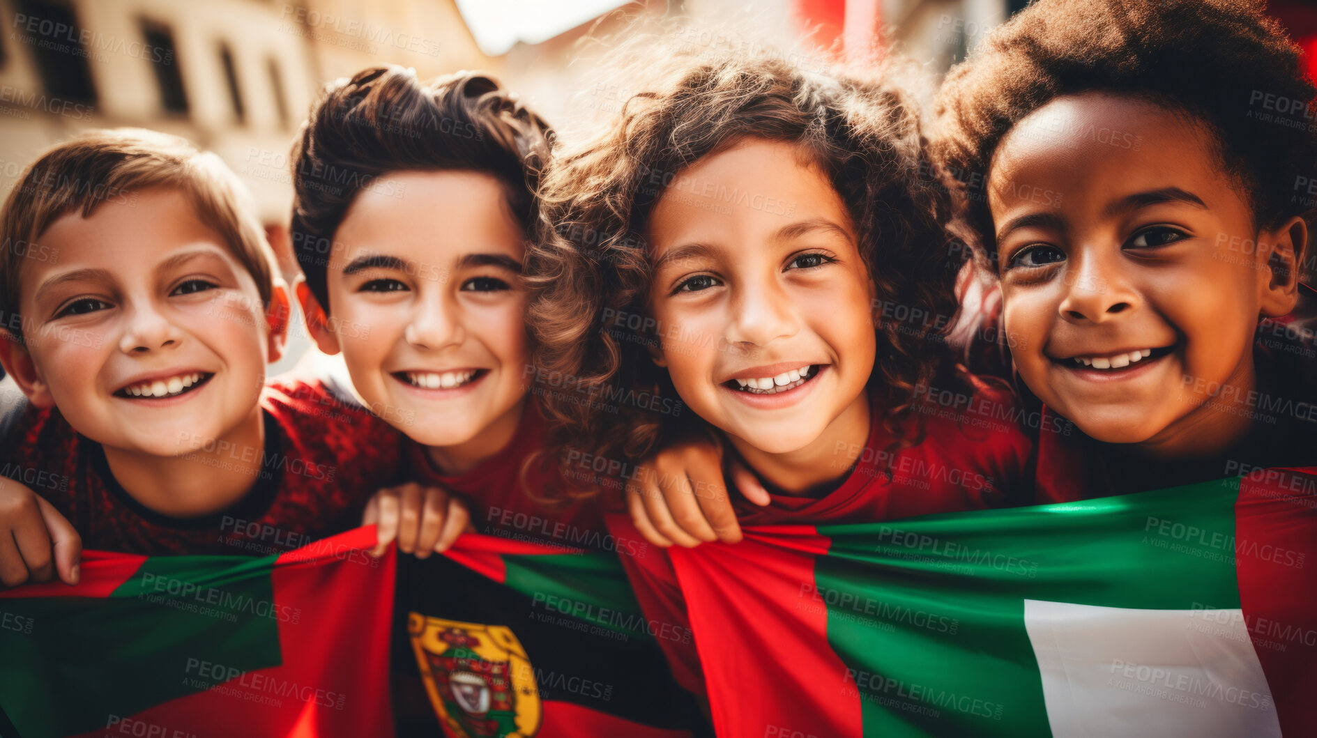 Buy stock photo Group of diverse kids holding a flag. Educate and celebrate different nationalities and countries