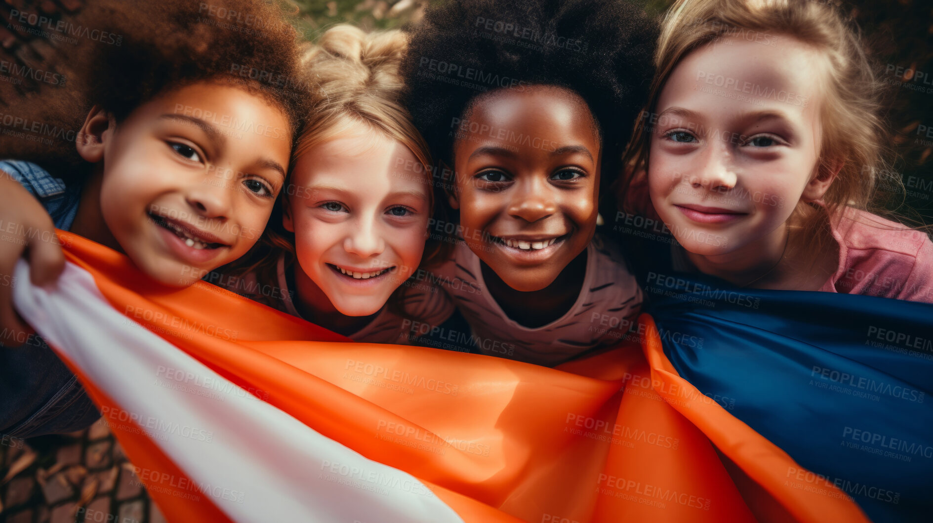 Buy stock photo Group of diverse kids holding a flag. Educate and celebrate different nationalities and countries