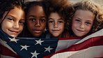 Group of diverse kids holding a flag. Educate and celebrate different nationalities and countries