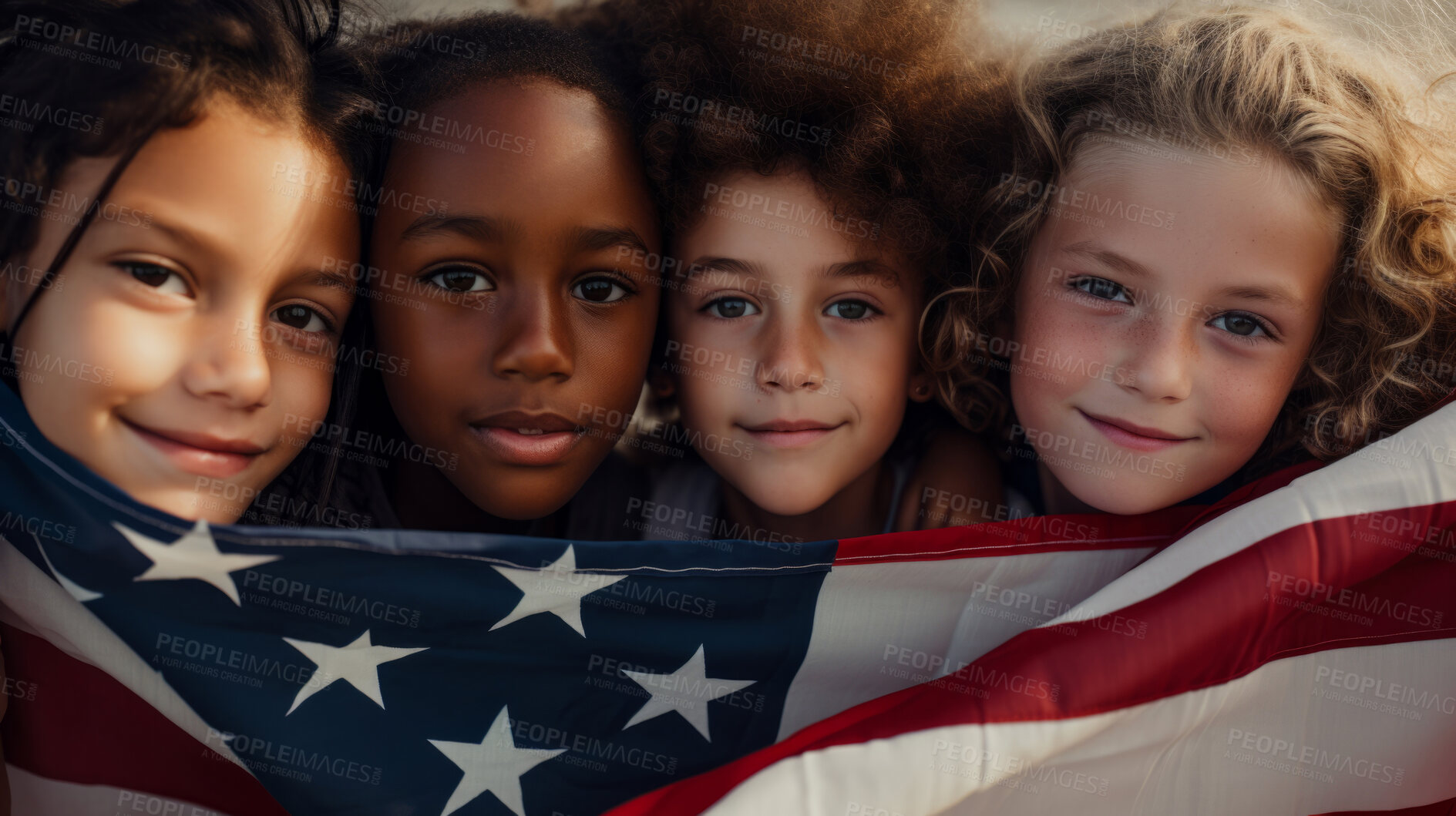 Buy stock photo Group of diverse kids holding a flag. Educate and celebrate different nationalities and countries