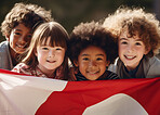 Group of diverse kids holding a flag. Educate and celebrate different nationalities and countries