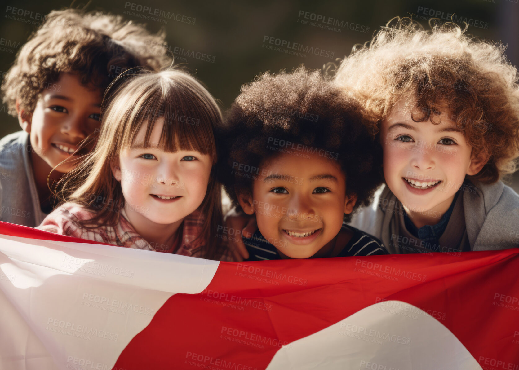 Buy stock photo Group of diverse kids holding a flag. Educate and celebrate different nationalities and countries