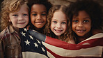 Group of diverse kids holding a flag. Educate and celebrate different nationalities and countries