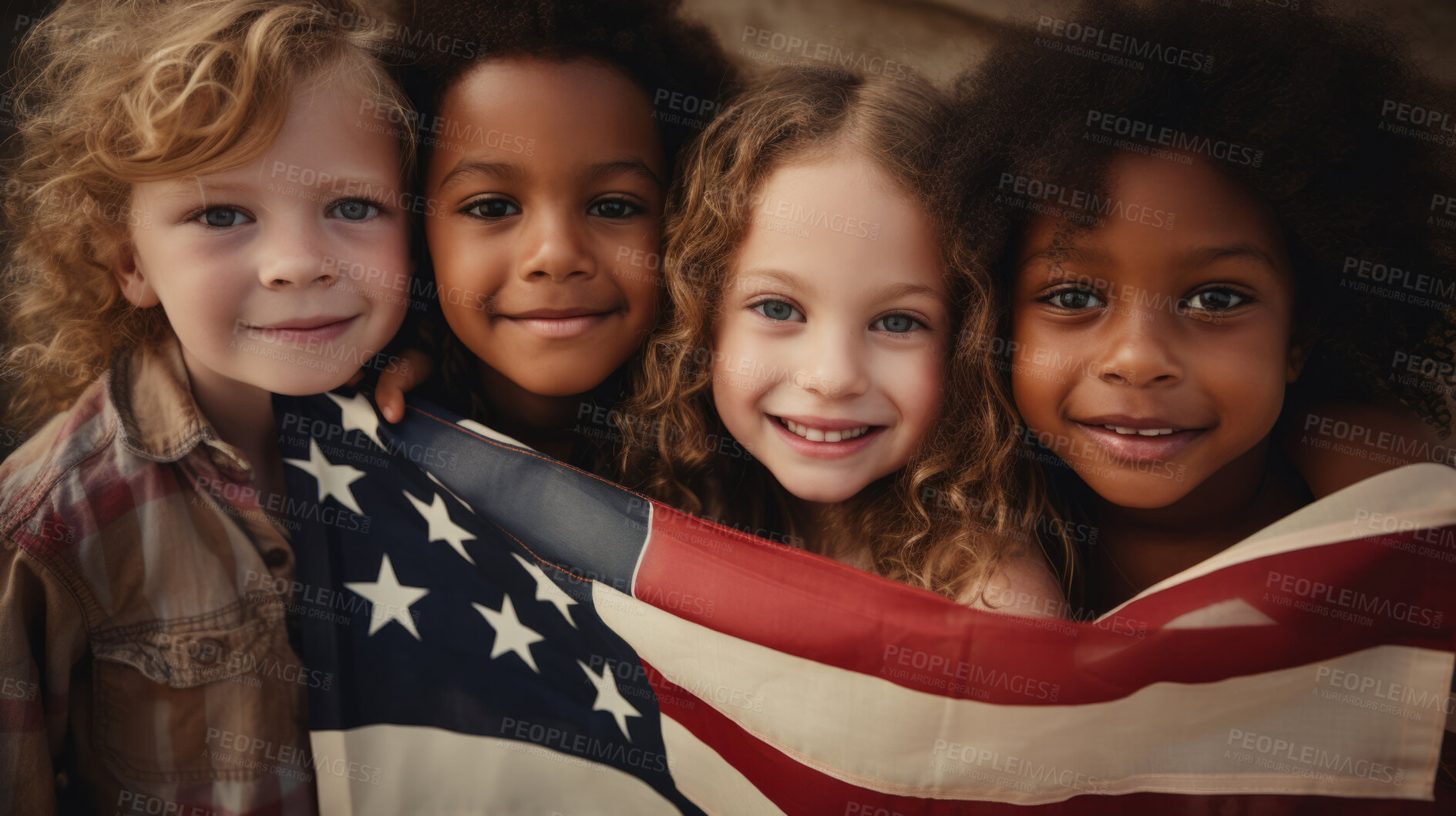 Buy stock photo Group of diverse kids holding a flag. Educate and celebrate different nationalities and countries