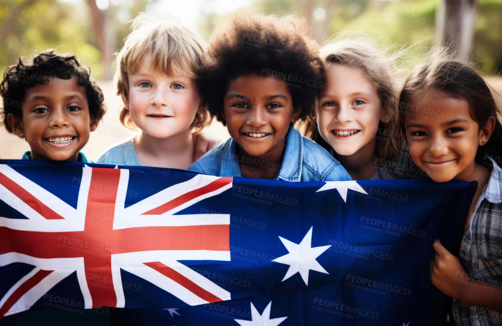 Buy stock photo Group of diverse kids holding a flag. Educate and celebrate different nationalities and countries