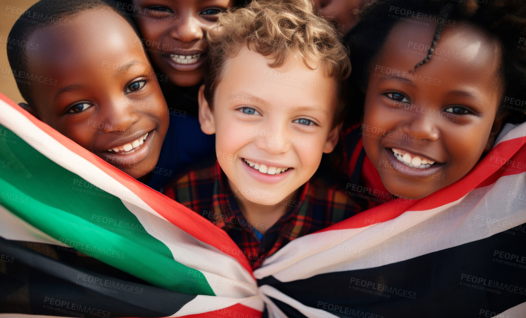 Buy stock photo Group of diverse kids holding a flag. Educate and celebrate different nationalities and countries