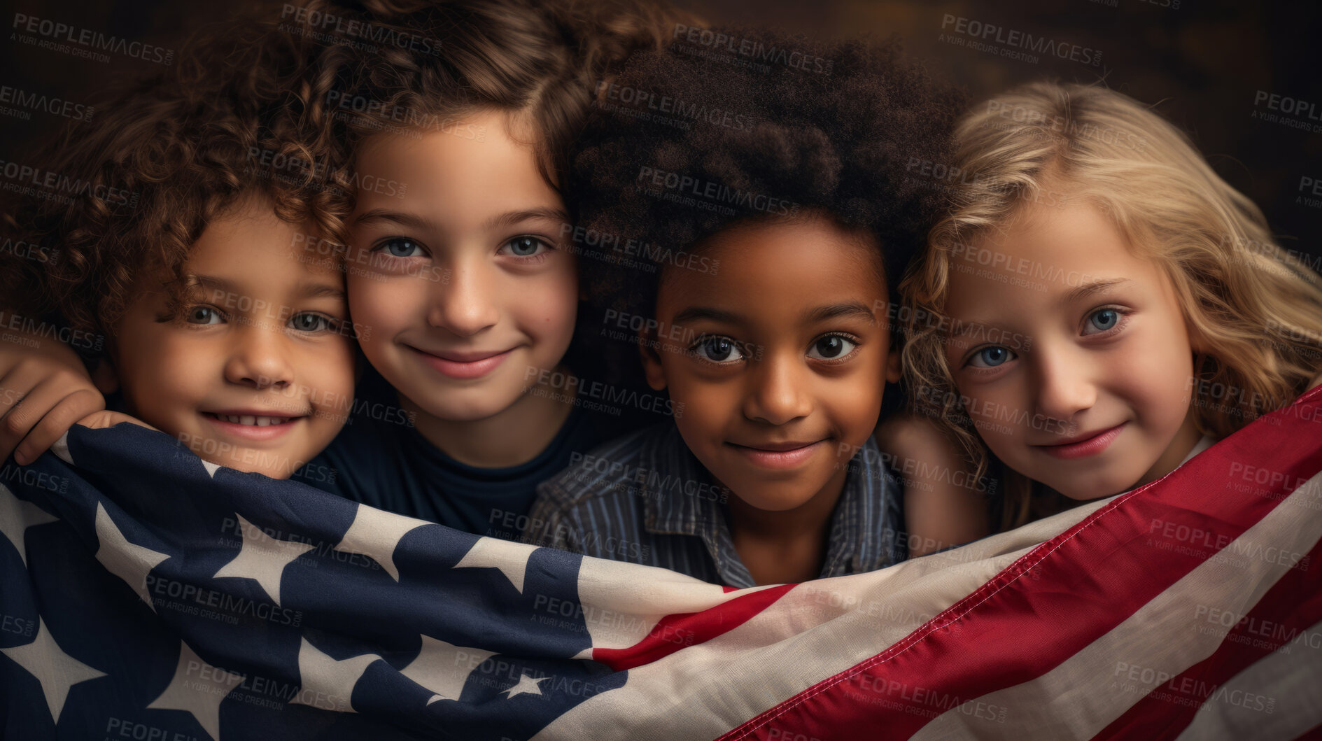 Buy stock photo Group of diverse kids holding a flag. Educate and celebrate different nationalities and countries