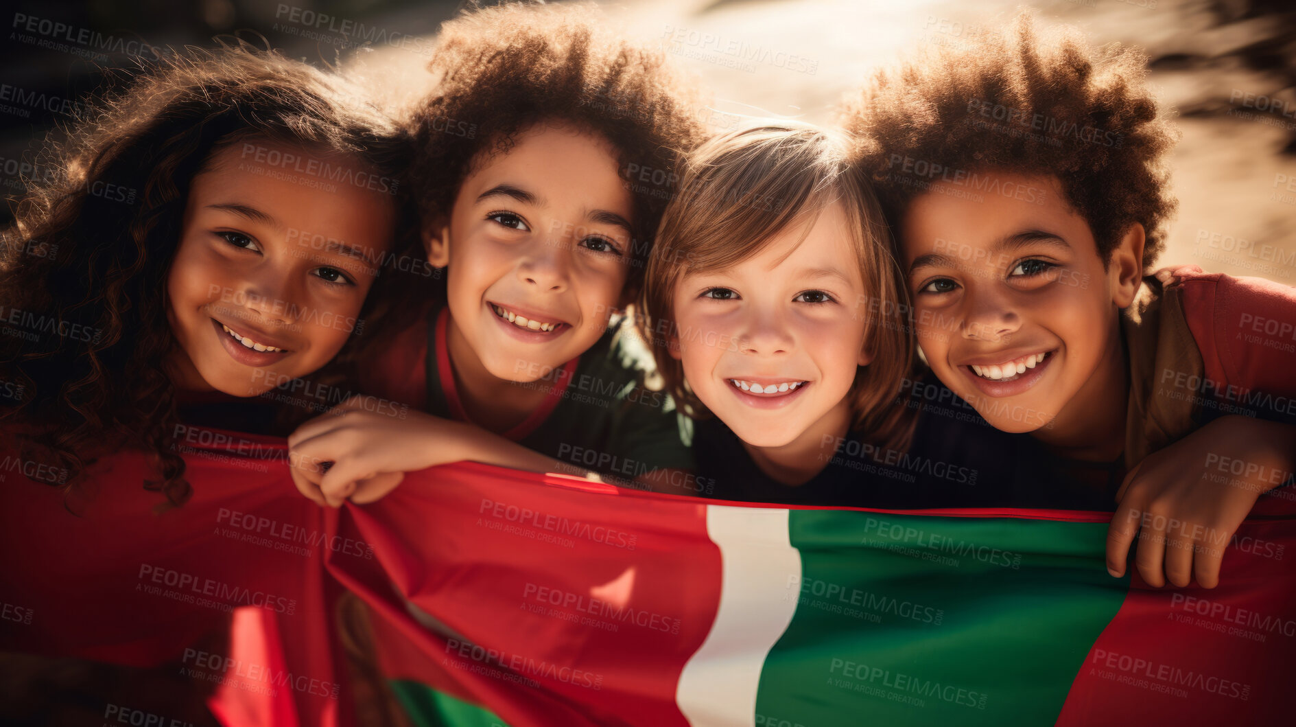 Buy stock photo Group of diverse kids holding a flag. Educate and celebrate different nationalities and countries