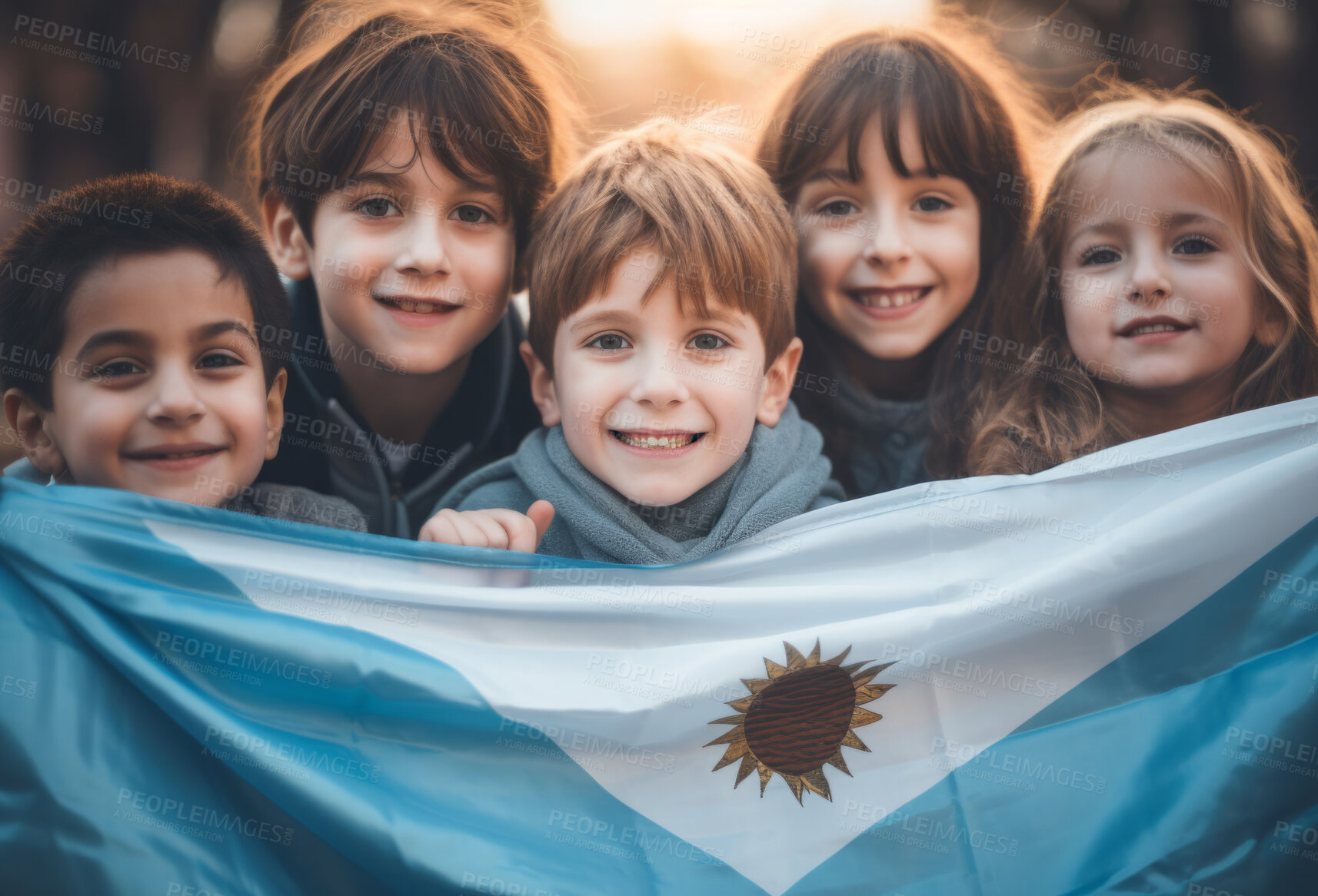 Buy stock photo Group of diverse kids holding a flag. Educate and celebrate different nationalities and countries