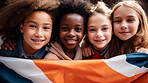 Group of diverse kids holding a flag. Educate and celebrate different nationalities and countries