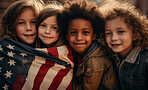 Group of diverse kids holding a flag. Educate and celebrate different nationalities and countries