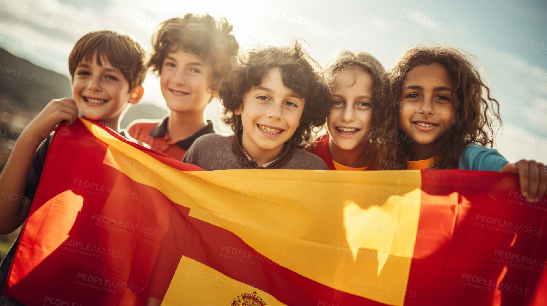 Buy stock photo Group of diverse kids holding a flag. Educate and celebrate different nationalities and countries