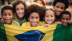 Group of diverse kids holding a flag. Educate and celebrate different nationalities and countries