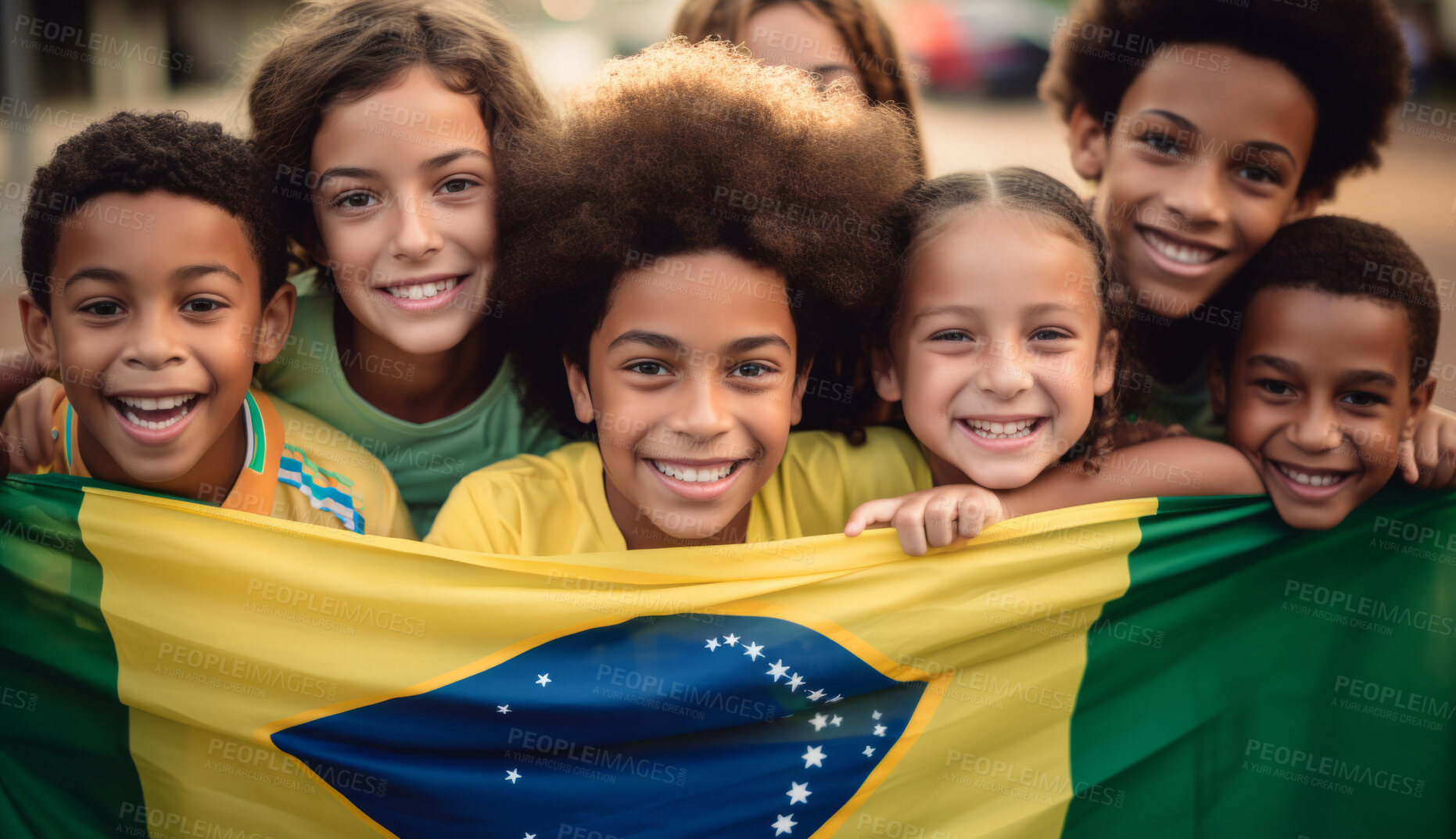 Buy stock photo Group of diverse kids holding a flag. Educate and celebrate different nationalities and countries