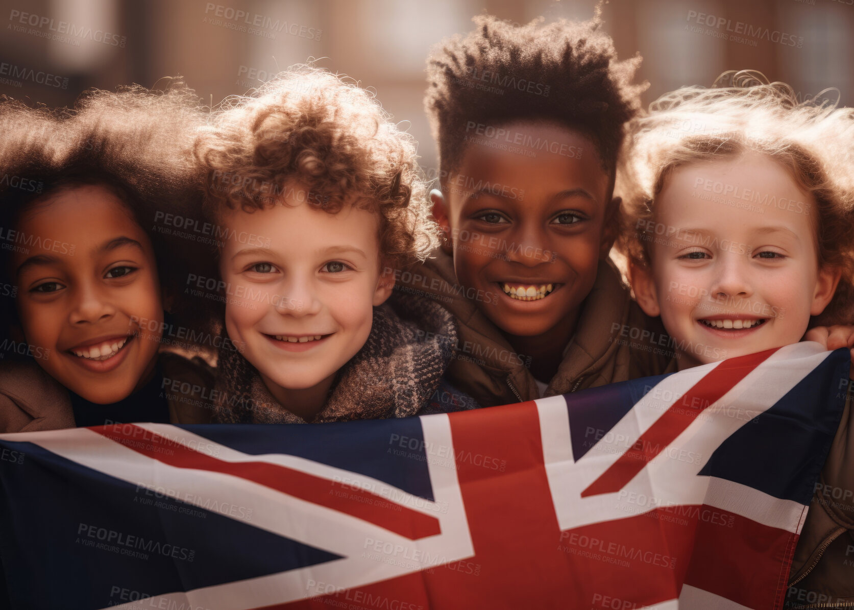 Buy stock photo Group of diverse kids holding a flag. Educate and celebrate different nationalities and countries