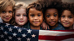 Group of diverse kids holding a flag. Educate and celebrate different nationalities and countries