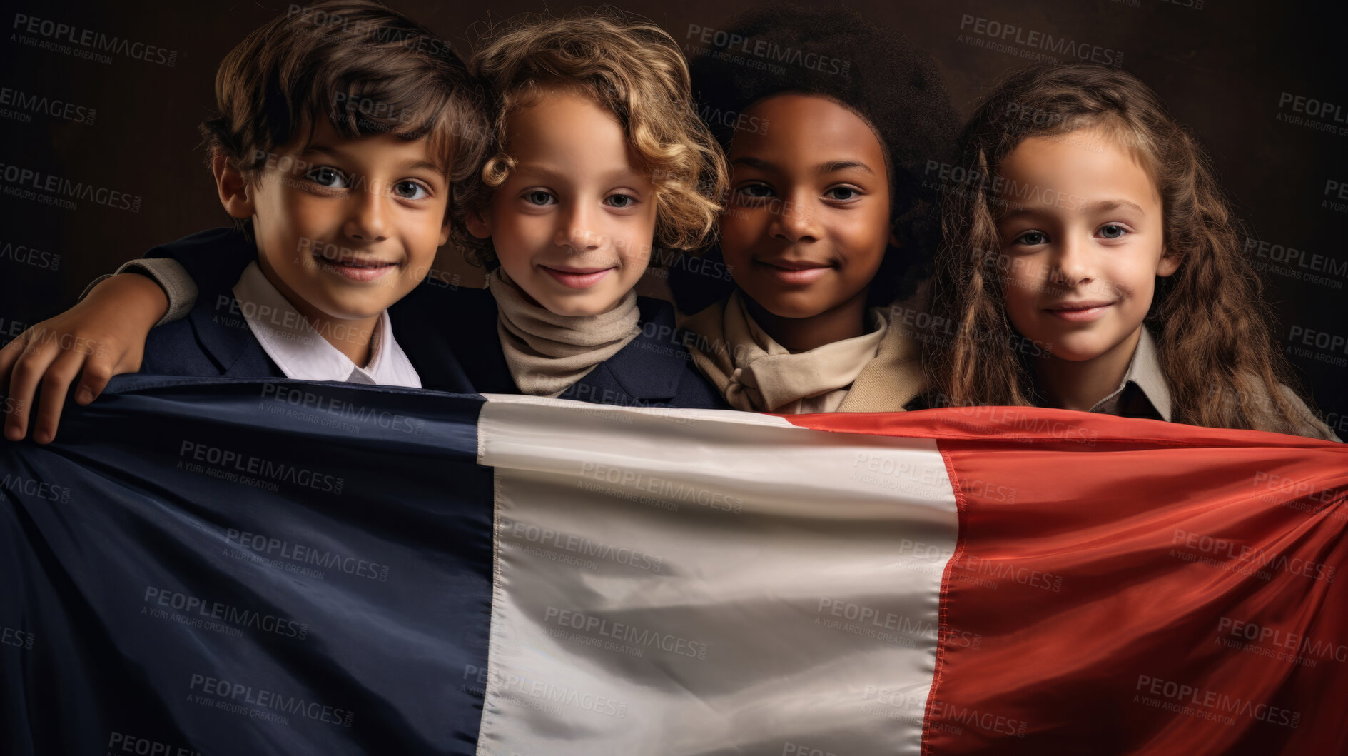 Buy stock photo Group of diverse kids holding a flag. Educate and celebrate different nationalities and countries