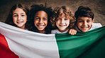 Group of diverse kids holding a flag. Educate and celebrate different nationalities and countries