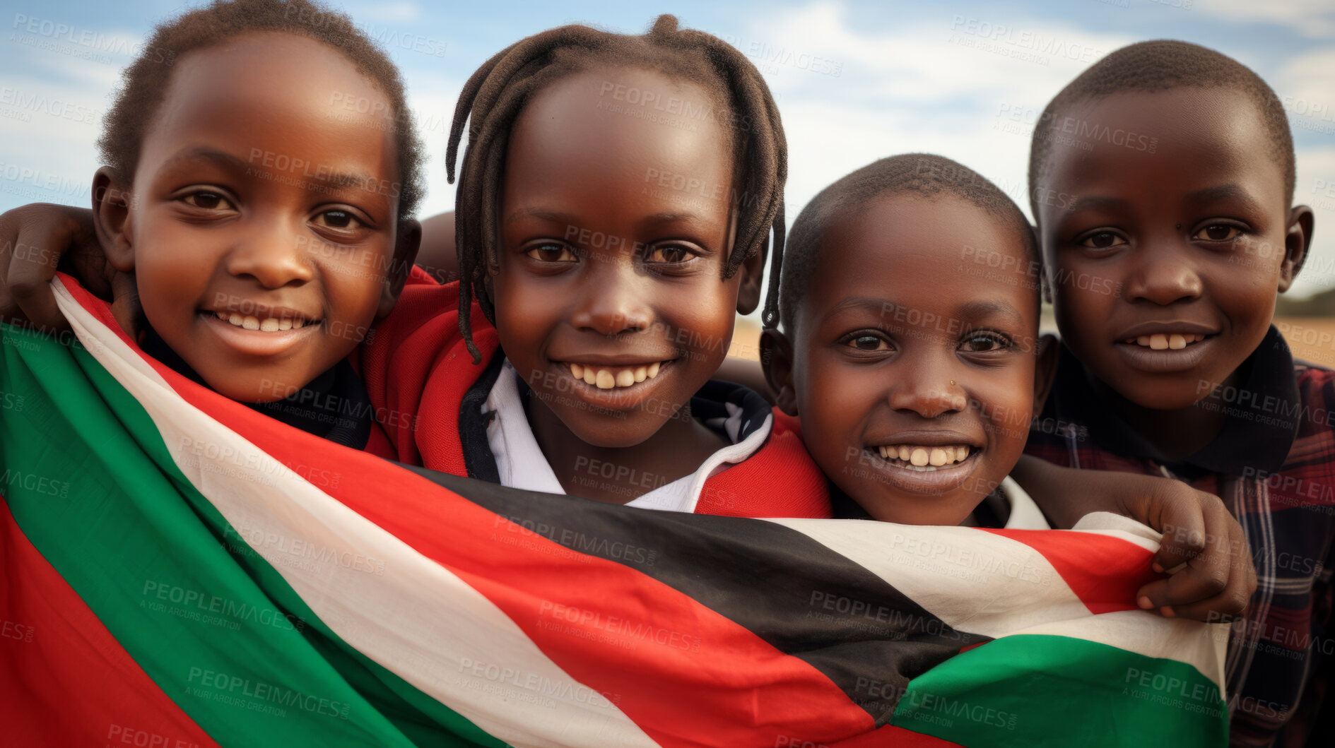 Buy stock photo Group of diverse kids holding a flag. Educate and celebrate different nationalities and countries