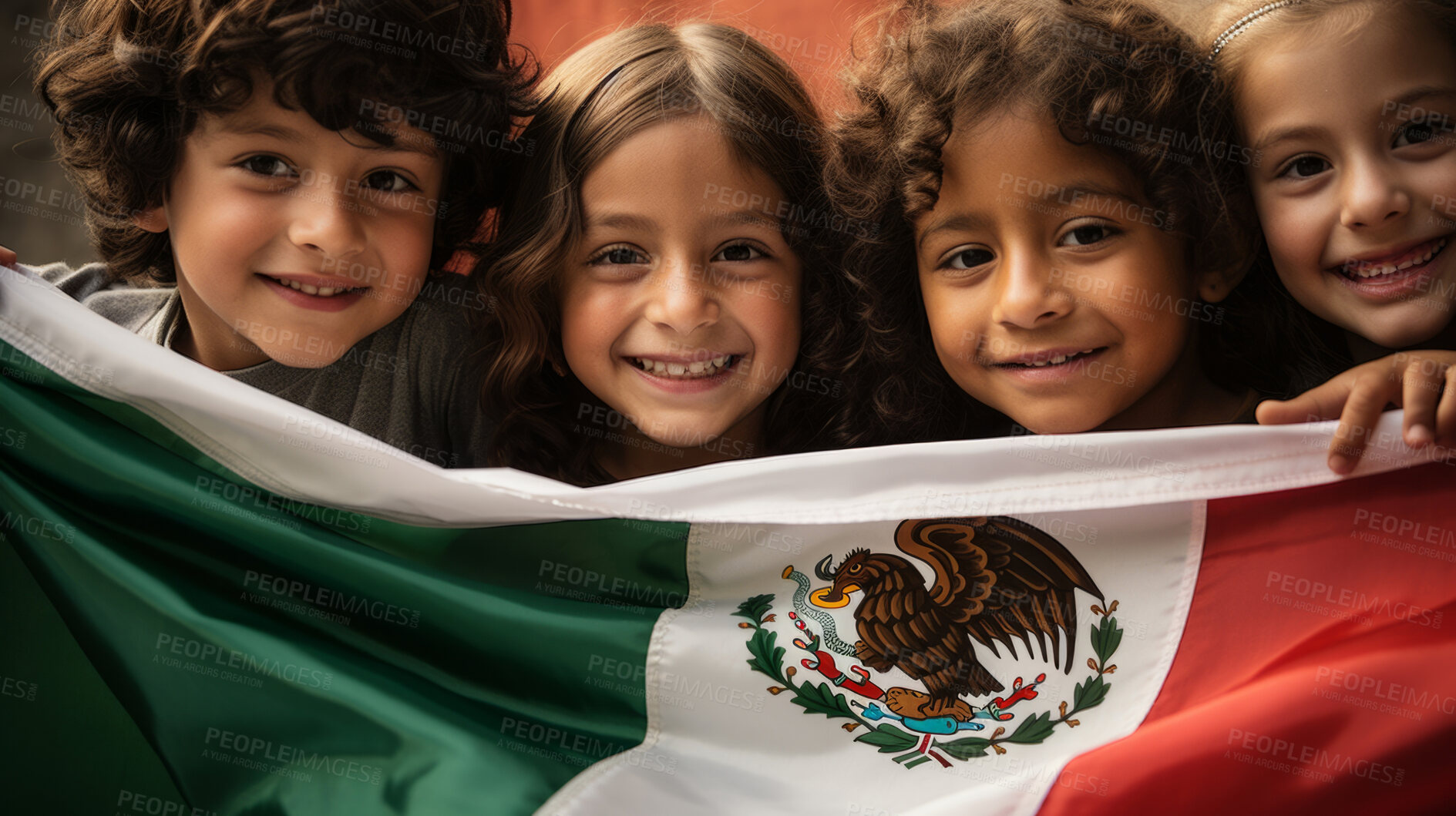 Buy stock photo Group of diverse kids holding a flag. Educate and celebrate different nationalities and countries