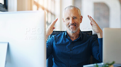 Buy stock photo Portrait, hands and insurance with a business man at work on a computer at his desk in the office. Smile, gesture and cover with a happy mature agent in the workplace to offer safety or security