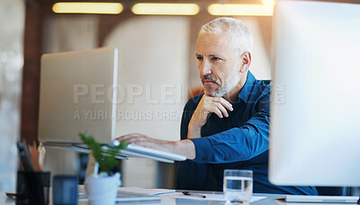 Buy stock photo Business, thinking and senior man with a laptop, internet and solution with problem solving, connection and ideas. Mature person, employee and ceo with technology, computer and brainstorming with app