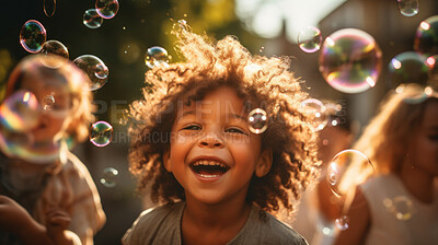 Buy stock photo Group of diverse kids with bubbles. Exciting outdoor weekend fun activity