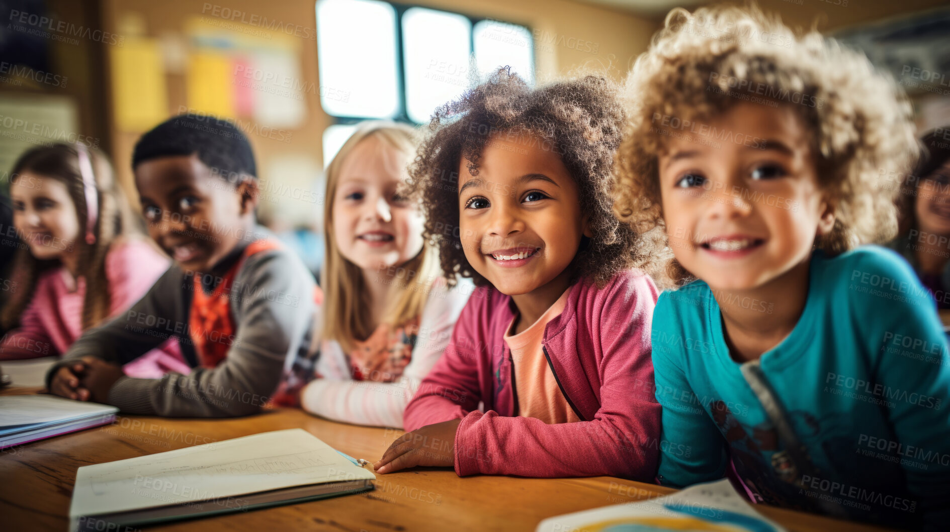 Buy stock photo Group of diverse kids in classroom. Positive happy education