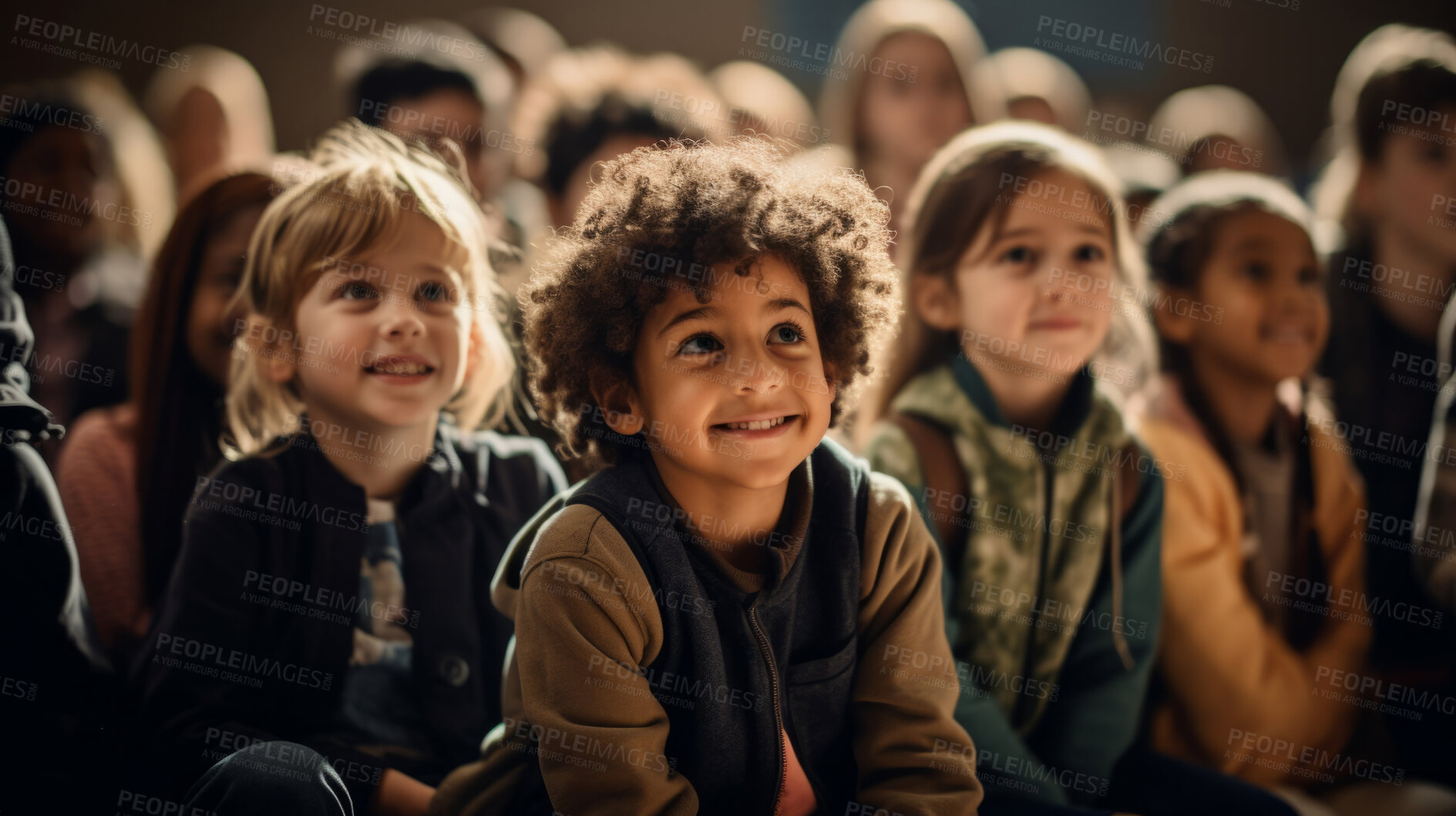 Buy stock photo Group of diverse kids in classroom. Positive happy education