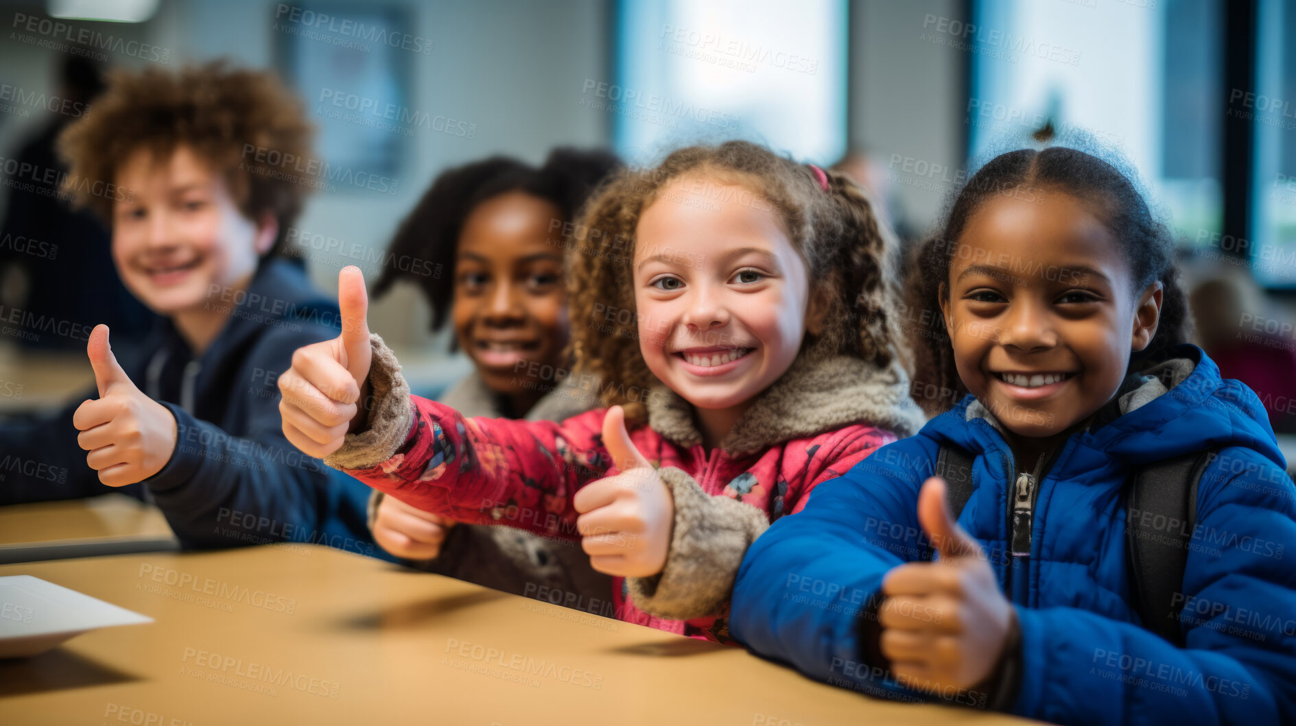 Buy stock photo Group of kids in classroom showing thumbs up. Positive happy education