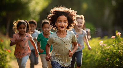 Buy stock photo Group of diverse kids running in a park. Exciting outdoor fun activity