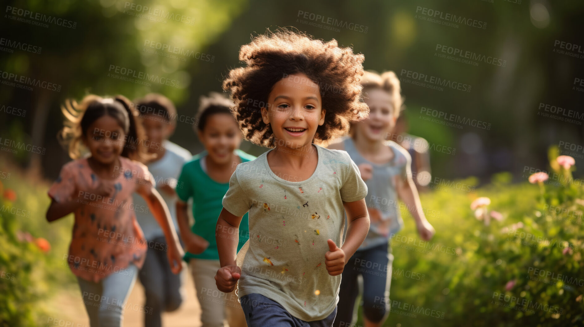 Buy stock photo Group of diverse kids running in a park. Exciting outdoor fun activity